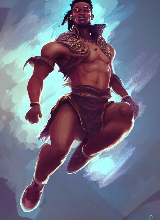 Image similar to a highly detailed illustration of attractive young african fire god with short hair, wearing track and field suit, heroic jumping pose, intricate, elegant, highly detailed, centered, digital painting, artstation, concept art, smooth, sharp focus, league of legends concept art, wlop