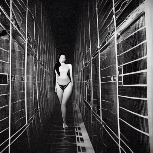 Prompt: photo of beautiful sexy Chinese ancient princess standing in the tunel in the space ship segment, futuristic space ship interrior, wires with lights, vintage old photo, black and white, sepia