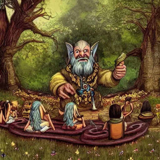 Prompt: a beatiful dwarven festival in 1974 in a fertile green park with surreal elven nature, a gnome rock band concert and dwarven BBQ