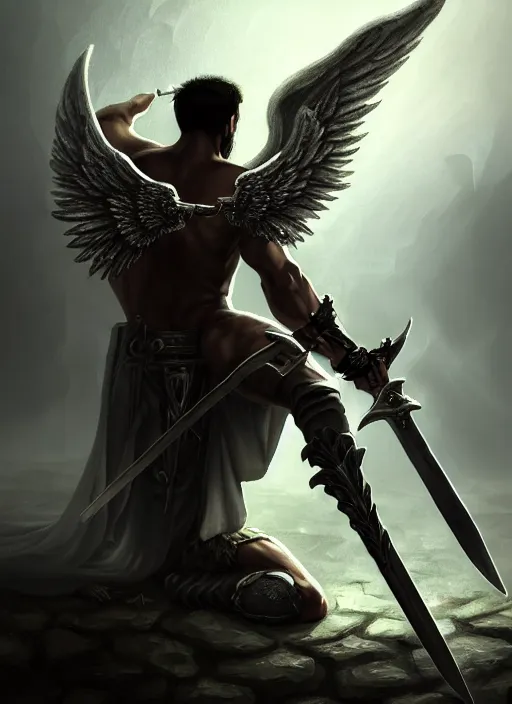 Image similar to fantasy art, fallen man angel kneeling on the knees with a sword and shield, close-up, bokeh. dark art masterpiece artstation. 8k, sharp high quality illustration in style of Jose Daniel Cabrera Pena and Leonid Kozienko, Tooth Wu, studio lighting. angel with big wings