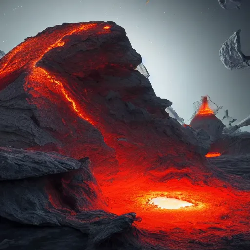 Image similar to planet imploding, debris and dust creating beautiful shapes, magma swirling out, destruction of vulcan, dramatic lighting, volumetric shadows, art station, cg society, paul chadeisson, 4 k