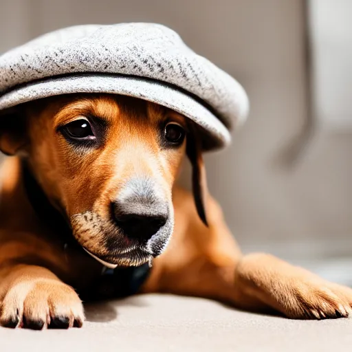 Image similar to a cute puppy wearing a hat, Canon EOS R3, f/1.4, ISO 200, 1/160s, 8K, RAW, unedited, symmetrical balance, in-frame