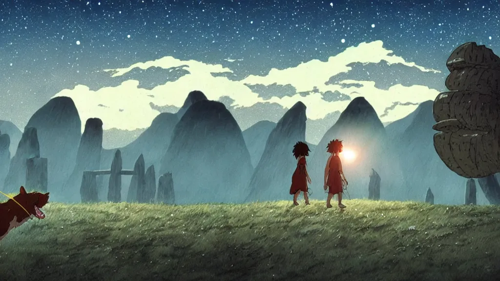 Image similar to a cell shaded cartoon movie still from princess mononoke ( 1 9 9 7 ) showing a golden ufo over stonehenge. in the background is machu pichu on a misty and starry night. very dull muted colors, hd, 4 k, hq