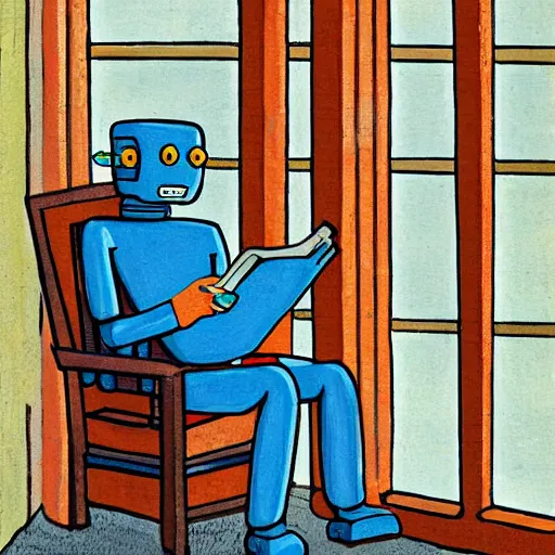 Image similar to robot reading the newspaper in his armchair in the background books near a window by Pablo piccaso