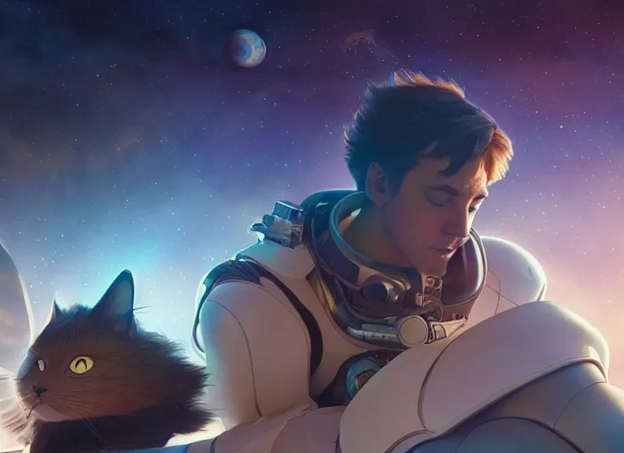 Image similar to a space handsome gay guy and his pet space cat staring role in a musical sci - fi space opera ghibli animated film, volumetric lighting, octane render by stanley artgerm lau, greg rutkowski, thomas kindkade, alphonse mucha, loish, norman rockwel, 8 k greg rutkowski