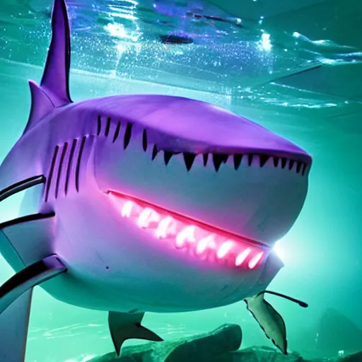 Prompt: action photo of robot shark emitting an neon light from its eyes, from nature journal, 1 / 1 0 0 0 sec shutter, action photo