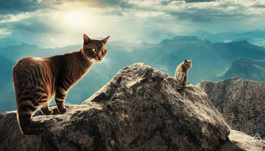 Prompt: a cat standing on the peak of a mountain range, looking far, digital art, epic lighting, epic composition, 4 k