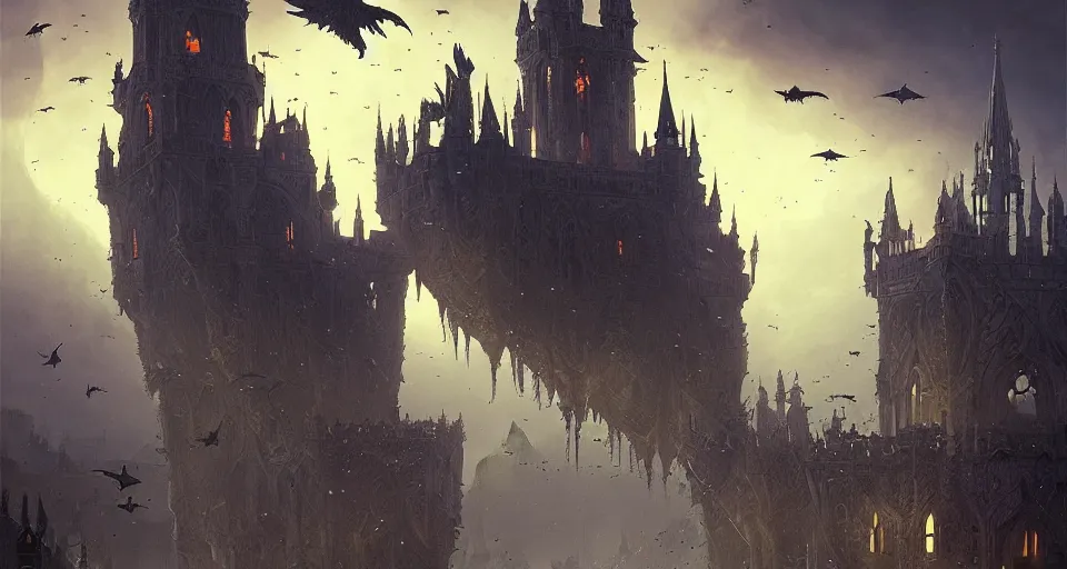 Image similar to floating flying castle with gothic architecture and swarms of tiny black specks, by Greg Rutkowski and Raphael Lacoste and Dan Mumford, detailed, volumetric lighting, swarms of ravens, sorcerous magic, dusk