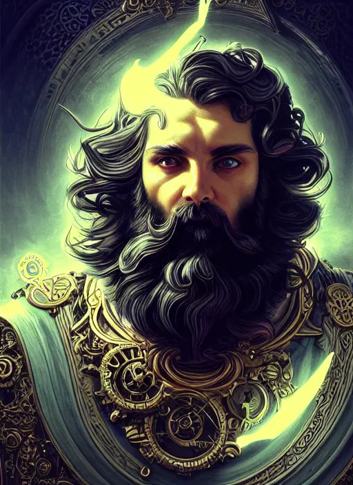 Image similar to angry god zeus, wavy black hair, bushy beard, glowing eyes, volumetric lights, cyan and gold scheme, art nouveau botanicals, gothic, intricate, highly detailed, digital painting, artstation, concept art, smooth, sharp focus, symmetric face, illustration, steampunk, art by artgerm and greg rutkowski and alphonse mucha