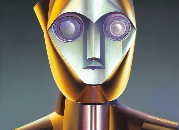 Image similar to asymmetrical portrait headshot of sci fi metallic human, bright eyes, melancholic complex geometric figure liminal biomechanics by oskar schlemmer, moebius, john berkey, film grain, oil on canvas, portrait facial head, featured on artstation, hd wallpaper, 8 k, bright colors, global radiant light