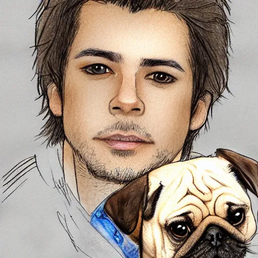 Prompt: self portrait, young handsome man with short light brown hair and light sking holding a pug for a picture, pencil art, added detail, high definiton, colored, backfacing, by yoji shinkawa