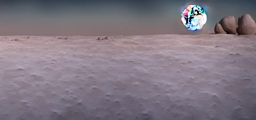 Image similar to octane render uhd, filmic lighting, cinematic art shot, hyperrealistic, hyperdetailed, super detailed, 8 k, high resolution, sandy white moon landscape, white rocks made of bone, 8 k uhd matte painting, mega high white mountain, midnight