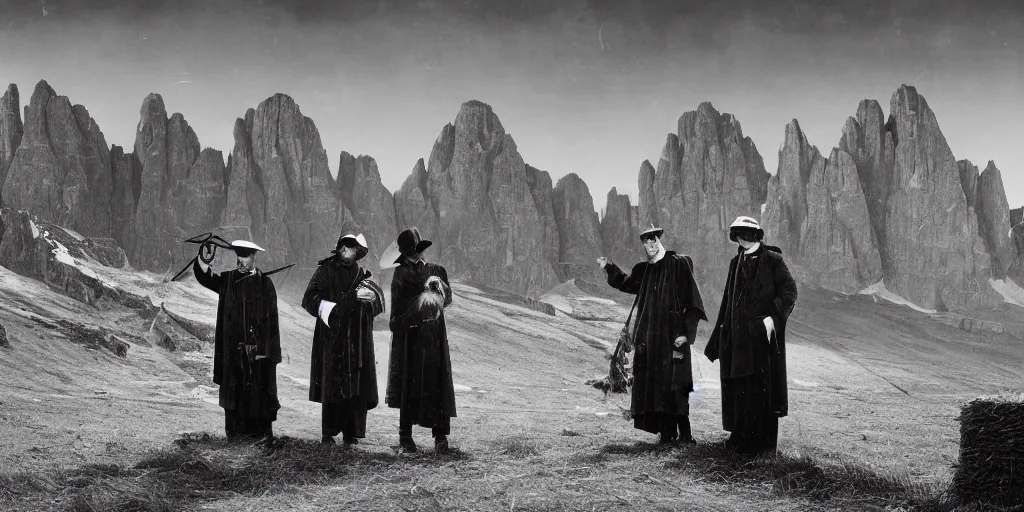 Image similar to 1920s photography of occult priests with hay coats and horn with dolomites in the background, occult signs, witch burning, pyre, solstice fire, alp, dolomites, alpine, detailed intricate insanely detailed octane render, 8k artistic 1920s photography, photorealistic, black and white, chiaroscuro, hd, by David Cronenberg, Raphael, Caravaggio