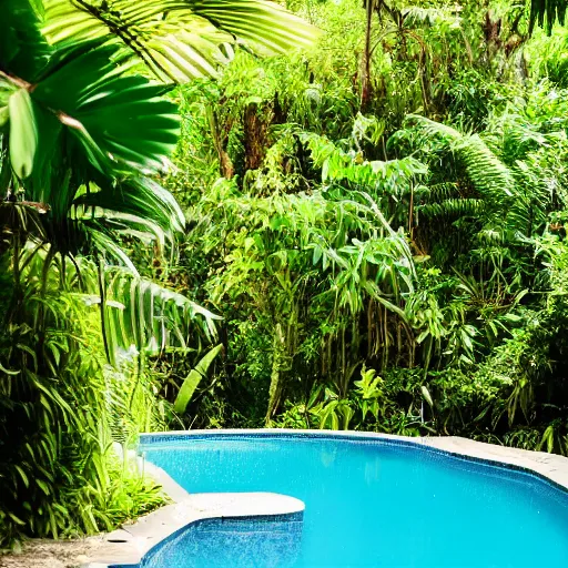 Image similar to in the middle of nowhere, swimming pool, greenery, jungle, sunlight, detailed, award winning photo, canon camera