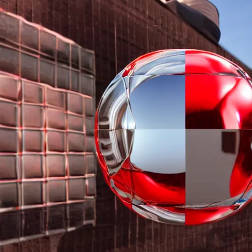 Prompt: chrome spheres on a red cube, forced perspective