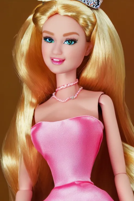 Image similar to princess peach barbie doll, photorealistic, highly detailed,