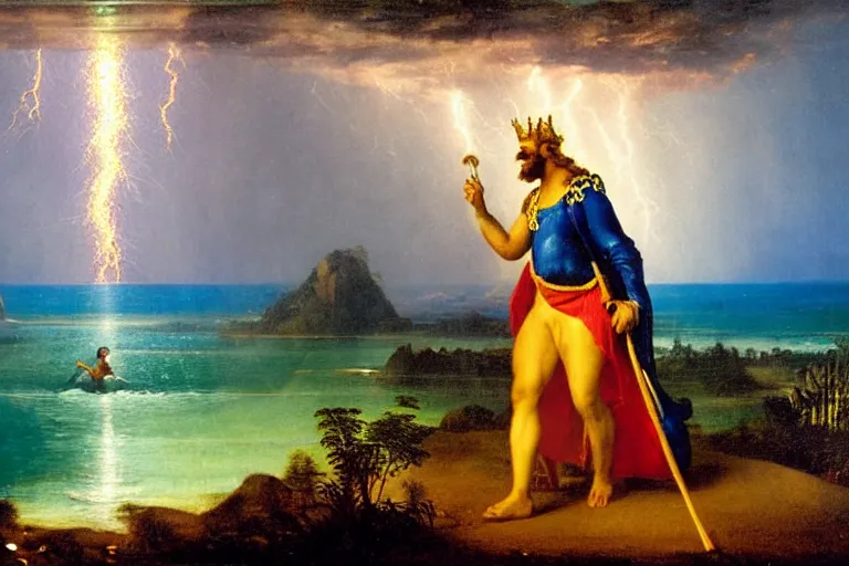 Prompt: Close-up of The Fool leaving the palace, refracted sparkles, thunderstorm, beach and Tropical vegetation on the background major arcana sky and symbols, by paul delaroche, hyperrealistic 4k uhd, award-winning, very detailed paradise