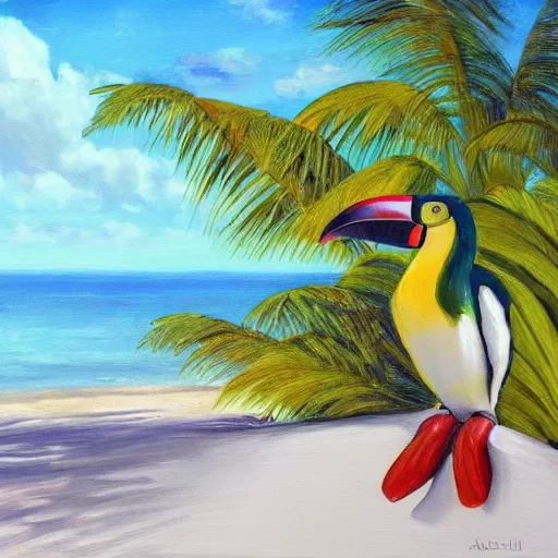 Image similar to toucan relaxing on an island beach with palm trees detailed oil painting