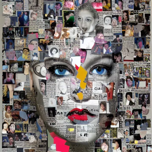 Image similar to a head-shaped chaotic collage made out of fragments of printed images taken from the internet, fashion magazines, and family photographs all coming together to form a hybrid face shape with twisted features in the Dadaesque style, mixed media