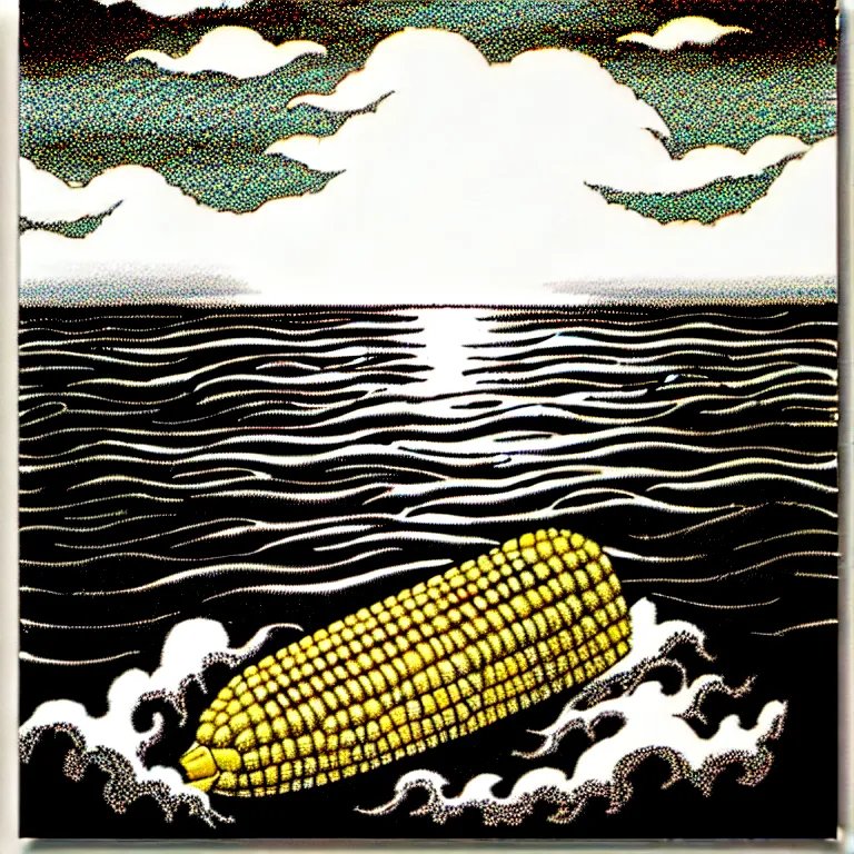 Image similar to corn floating in ocean, waves, tranquil, vintage country style, monochromatic, engraving, detailed