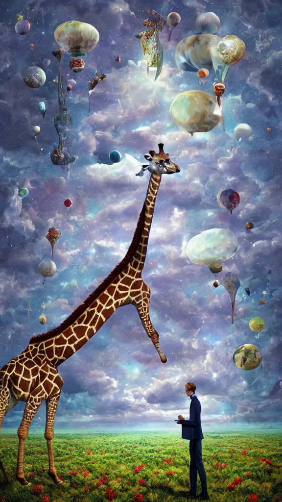 Prompt: a giraffe pondering the mysteries of the universe, surrealist painting by igor morski, gediminas pranckevicius, beeple, ornament, porcelain, super - resolution, soft lighting, ray tracing global illumination, in a psychadelic and meaningful style