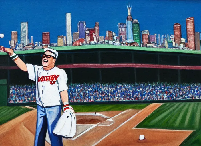 Image similar to painting of harry caray singing take me out to the ball game, malort bottle in hand, wrigley field background, blue sky, baseball, sharp,