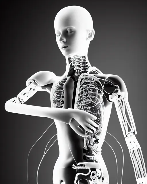 Image similar to black and white artistic photo, full figure, young female cyborg - vegetal, microchip, artificial intelligence, bio - mechanical bio - luminescence, black wired cables, cinematic, rim light, photo - realistic, 8 k