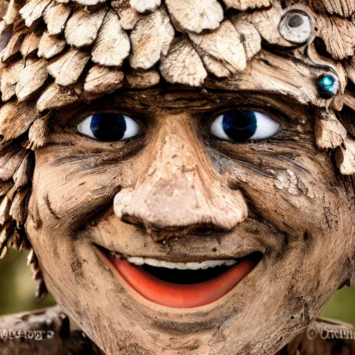 Prompt: pine cone headed man with hard black eyes very happy, rule of thirds, super sharp, 4 k, ultra detailed.