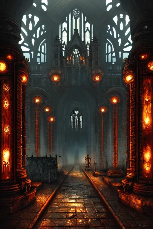 Prompt: steam necropolis, memento mori, gothic, neo - gothic, art nouveau, hyperdetailed copper patina medieval icon, stefan morrell, philippe druillet, ralph mcquarrie, concept art, steampunk, unreal engine, detailed intricate environment, octane render, moody atmospheric, volumetric lighting