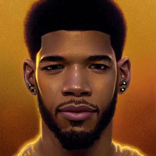 Image similar to scifi character portrait of Kid Cudi, utopian mood, intricate, wild, highly detailed, digital painting, artstation, concept art, smooth, sharp focus, illustration, art by artgerm and greg rutkowski and alphonse mucha