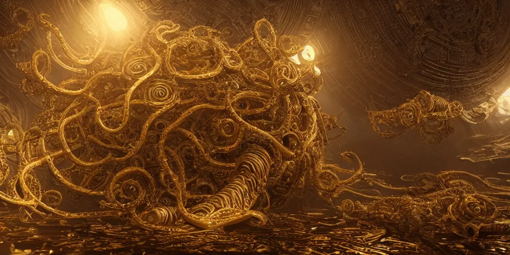 Prompt: a photo of 8k ultra realistic corrupted lovecraftian golden mothership, 8000 intricate white and gold tentacles, ornate white and gold armour, cinematic lighting, trending on artstation, 4k, hyperrealistic, focused, extreme details, unreal engine 5, cinematic, masterpiece