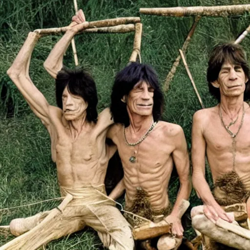 Image similar to the rolling stones band with their bodies made of bamboo in a deep meditation in normandie in france posing for vogue photoshoot photography