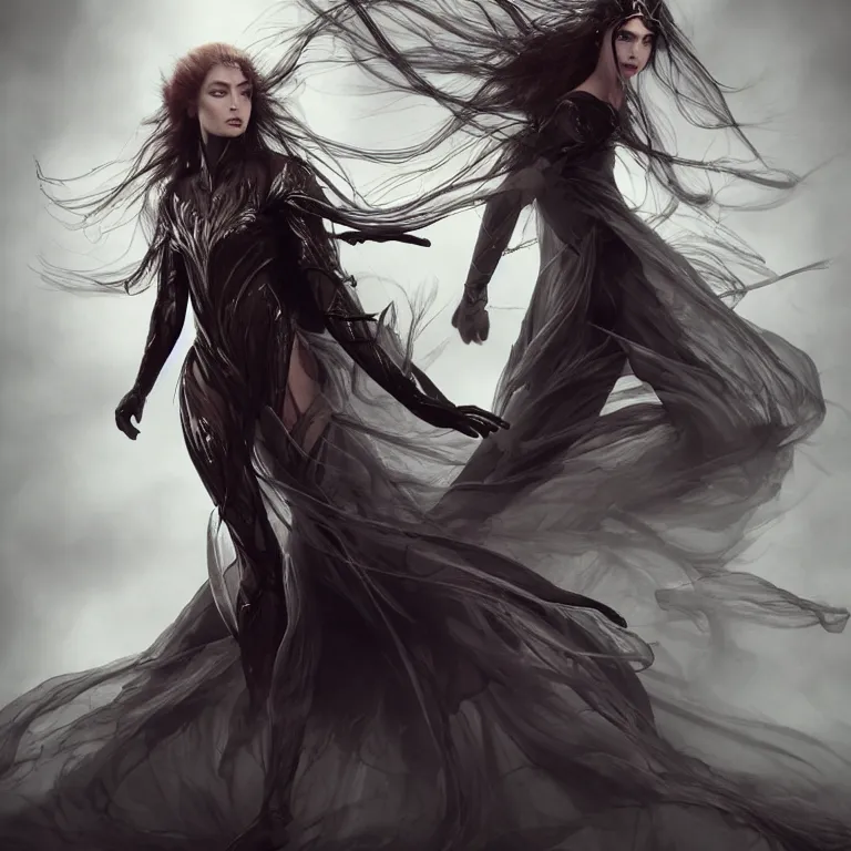 Image similar to beautiful cinematic fantasy poster, a beautiful fashion model wearing haute couture in dynamic full body dance pose, full body shot, ultrawide angle epic scale, hybrid from The Elden Ring and art direction by Darius Zawadzki ;by artgerm; wayne reynolds art station; cinematic quality character render; low angle; ultra high quality model; production quality cinema model;