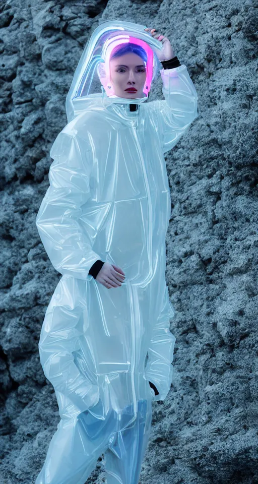 Image similar to an ultra high definition professional studio quality photograph of an artificially intelligent cyberpunk art influencer wearing a transparent iridescent pastel coloured face visor and matching bubbly puffy raincoat on white coat hook in a sheer icelandic black rock environment. three point light. dramatic lighting. volumetric shadows. light rays