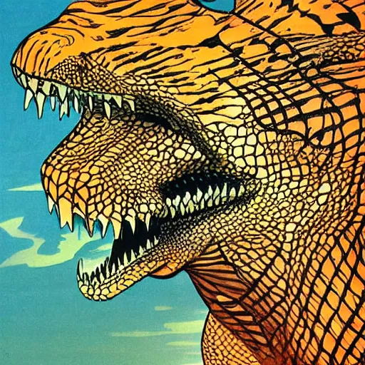 Prompt: a hybrid animal half crocodile and half tiger, futuristic city scape, rule of thirds, painting by moebius