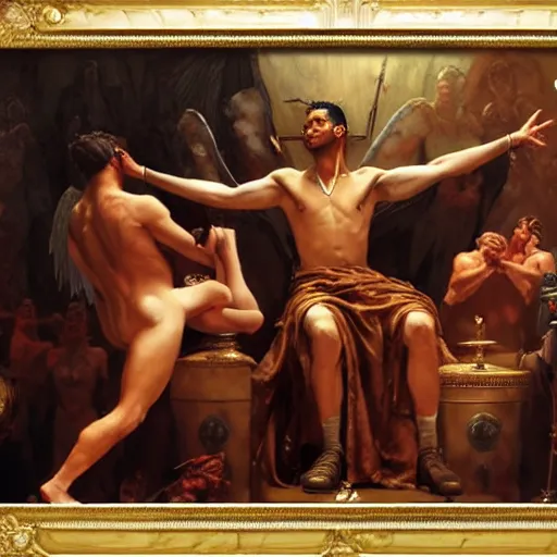 Image similar to 2 1 savage accuses travis scott of betrayal! zeus sits on the throne of olympus, heavenly marble, ambrosia served on golden platters, painting by gaston bussiere, craig mullins, j. c. leyendecker, tom of finland