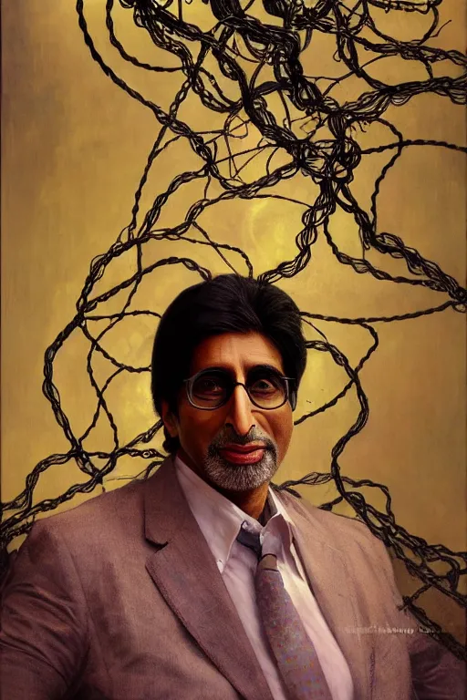 Image similar to hyperrealist portrait of amitabh bacchan, it is decorated with long wires that fall like vines and wears small computers over their body. by jeremy mann and alphonse mucha, fantasy art, photo realistic, dynamic lighting, artstation, poster, volumetric lighting, very detailed faces, 4 k, award winning