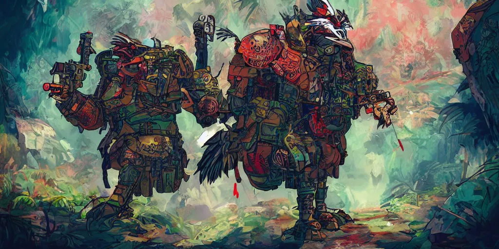 Prompt: colorful illustration of a fully armoured fighting rooster in a dense jungle, mix of styles, dieselpunk, angry, aggressive, blood, ghost in the shell color scheme