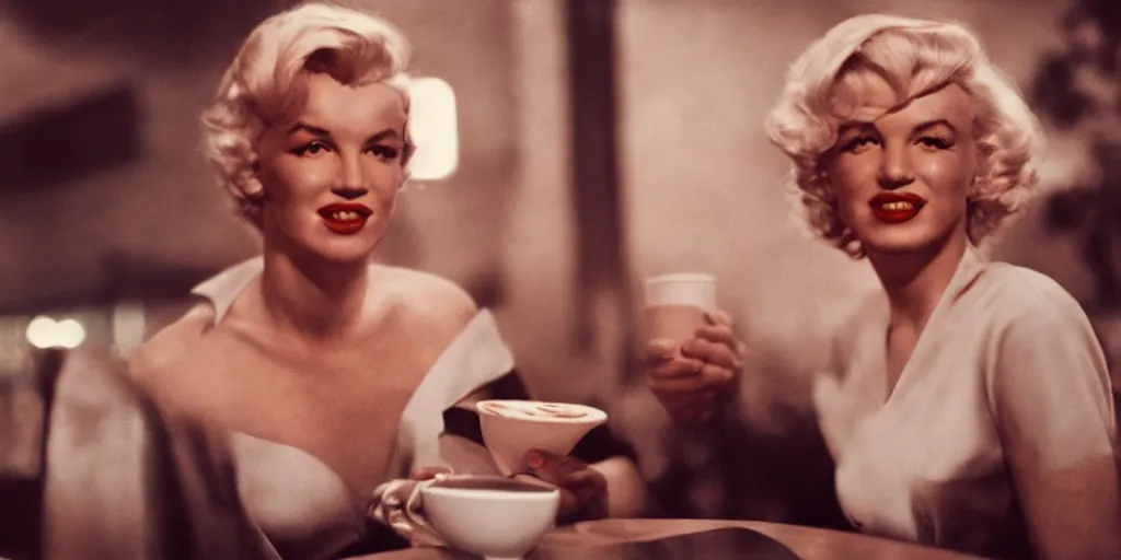 Image similar to A close-up, color cinema film still of a marlin monroe drinking coffee at a starbucks, ambient lighting at night.