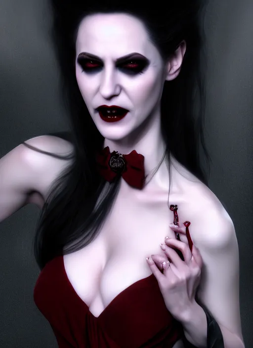 Image similar to realistic matte painting, full length portrait, the vampire duchess of blood owns las vegas at night, fangs, pale, confidant, highly detailed, CGsociety, concept art, HDR, hyper realistic, volumetric lighting, subsurface scattering, unreal,