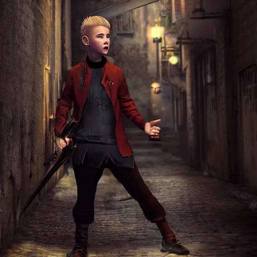 Prompt: A young blonde haired boy wearing thief clothes with daggers in an alleyway, epic fantasy, octane render, high detail, fantasy art, portrait