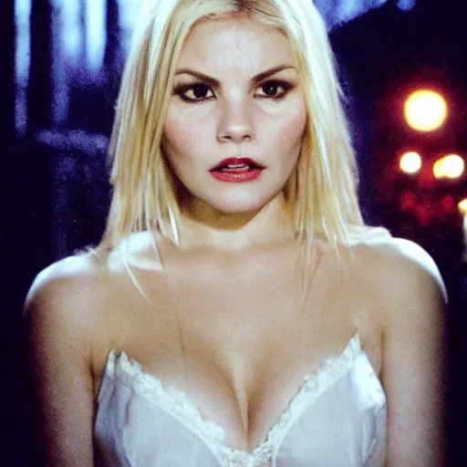 Prompt: elisha cuthbert as a vampire showing her fangs in a gloomy gothic cathedral at night