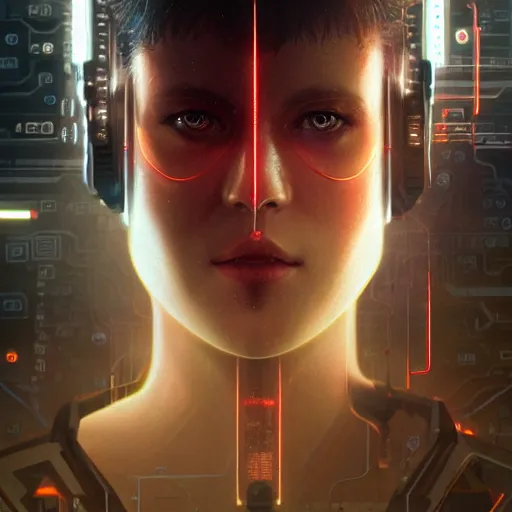 Prompt: a face covered in computer circuits, scifi, bladerunner, cyberpunk, very detailed eyes, 8 k resolution, by wlop, greg rutkowski