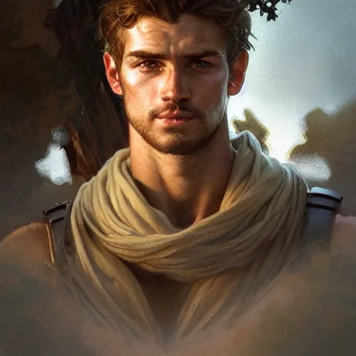 Image similar to portrait of a young rugged ranger, handsome, toned body, upper body, hairy thighs, D&D, fantasy, intricate, cinematic lighting, highly detailed, digital painting, artstation, concept art, smooth, sharp focus, illustration, art by Artgerm and Greg Rutkowski and Alphonse Mucha