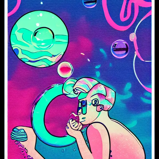 Image similar to deep ocean snail blowing bubbles, vaporwave risograph, synthwave