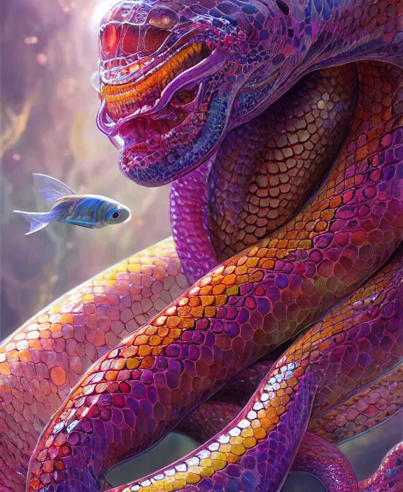 Prompt: intricate colorful transparent portrait of a terrifying beautiful alien snake creature, mottled coloring, adorable, childlike, underwater environment, ultra realistic, concept art, art nouveau, photorealistic, octane render, 8 k, unreal engine. art by christopher marley and artgerm and greg rutkowski and alphonse mucha