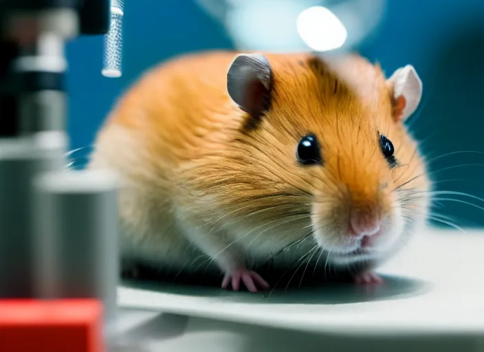 Prompt: film still of a hamster working in a research lab using a tiny microscope, 8 k
