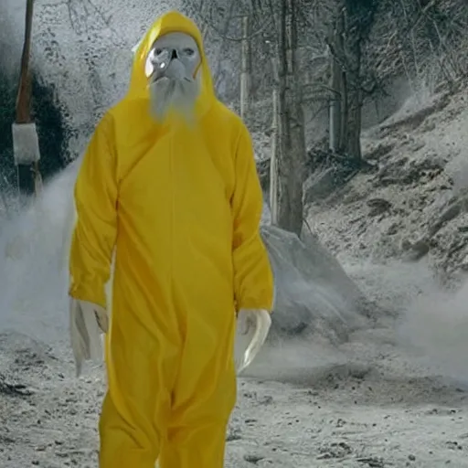 Image similar to Saruman the White wearing a yellow hazmat suit with a 3M gasmask on his head like Walter White in Face Off