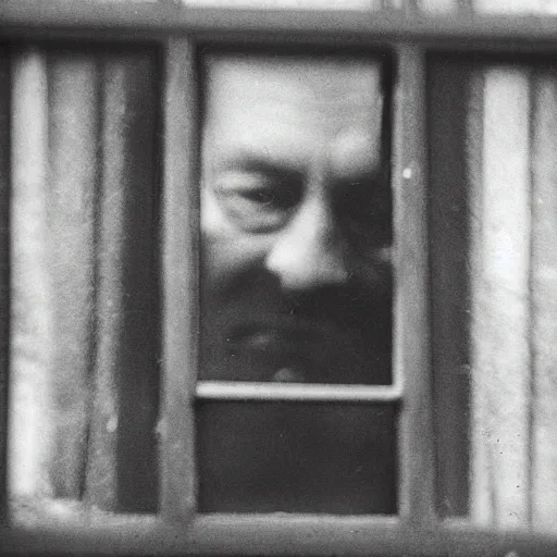 Prompt: zoomed cropped portrait of a voyeuristic stare of a neighbor through a window, telephoto lens, black and white B&W, vintage photograph, Historical Archive