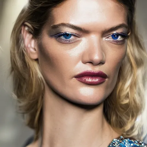 Prompt: A beautiful portrait of Martha Hunt as a model at Chanel fashion show as a model Spring/Summer 2018, highly detailed, in the style of cinematic, Milan fashion week backstage, Extreme close up, Makeup by Pat McGrath, Hair by Guido Palau, Greg rutkowski